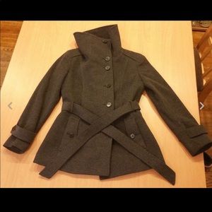 Cole Haan gray wool belted coat/ stand collar
